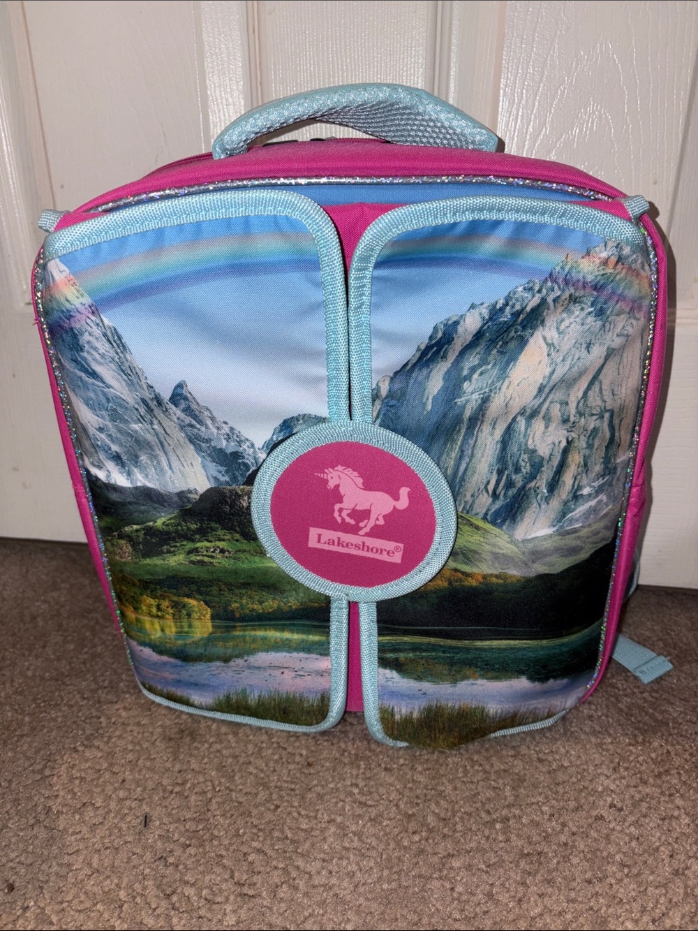 Girls' Pink & Light Blue Mountain Print play scene backpack